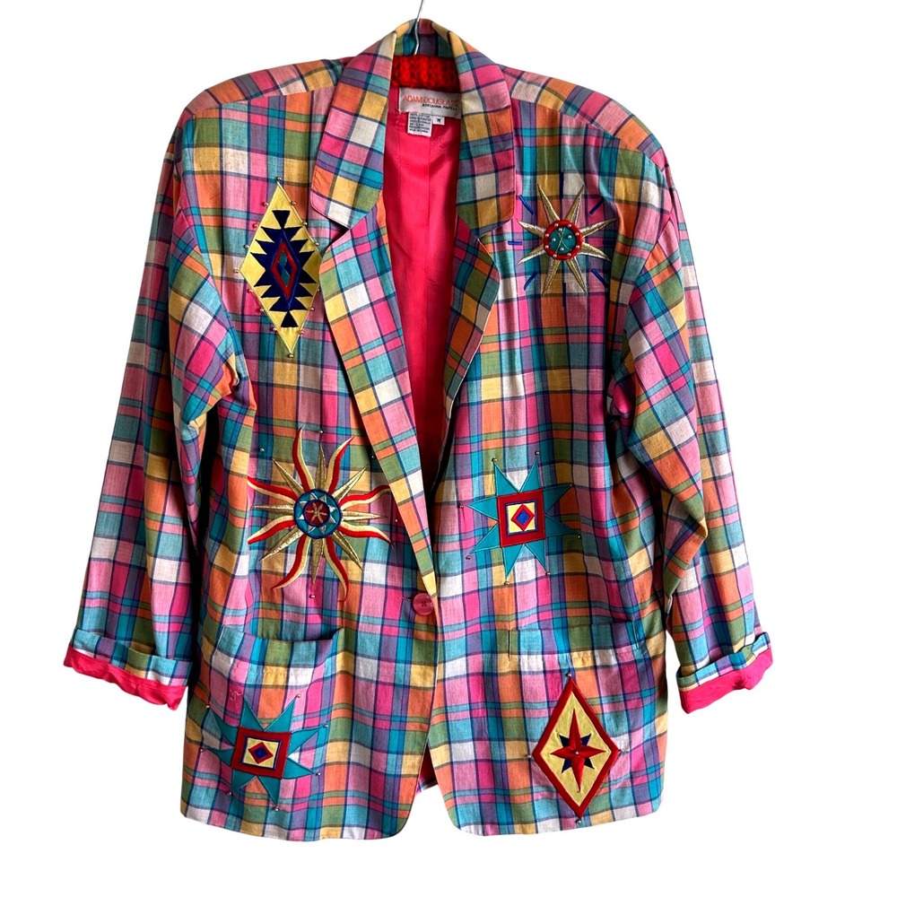 Vtg Adam Douglas Adrianna Papell Ranie Plaid Embroidered Sun Beaded Blazer 90s